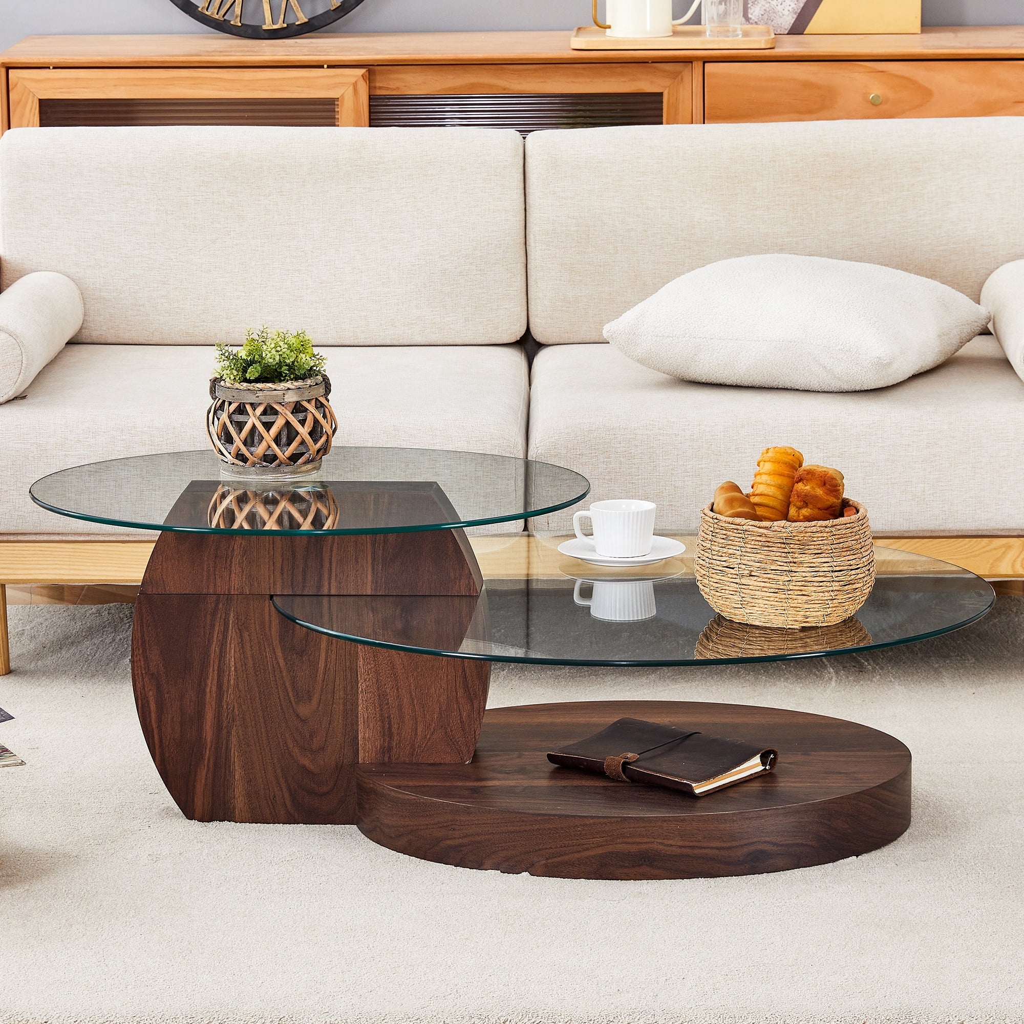 Modern Coffee Table with Walnut Grain Finish, Double Layer Design with ...