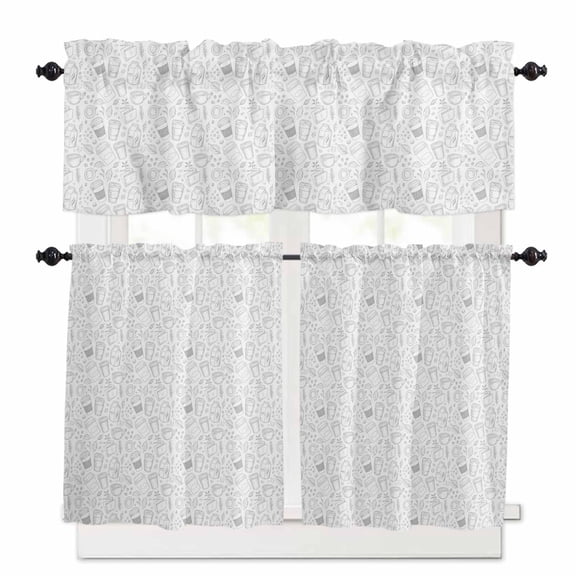 Modern Coffee Theme Window Curtains Valance Set of 3 Grey Drinks Minimalist Lines Leaves Rod Pocket Small Kitchen Curtain, Soft Window Treatment for Bedroom Party Holiday Decor