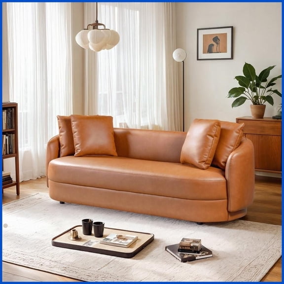 Modern Cognac Composite Leather 3-Seat Living Room Sofa with Pocket Spring Comfort