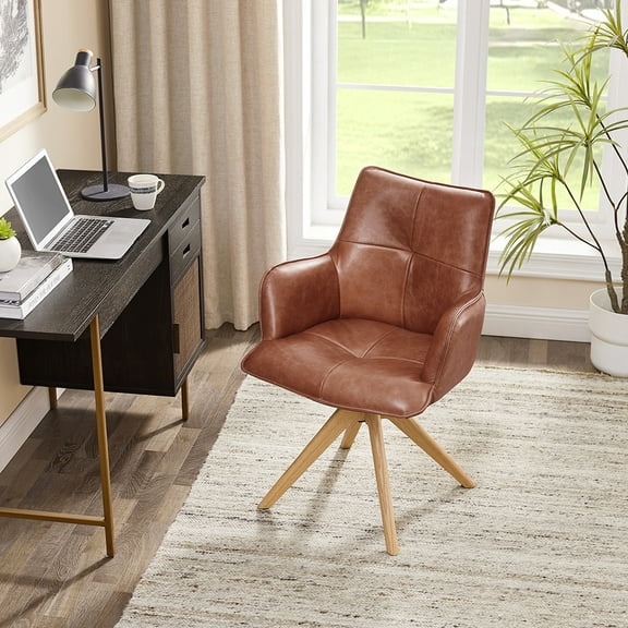 Modern Cognac Leather Swivel Arm Chair with Wood Legs in Home Office, Task Chair