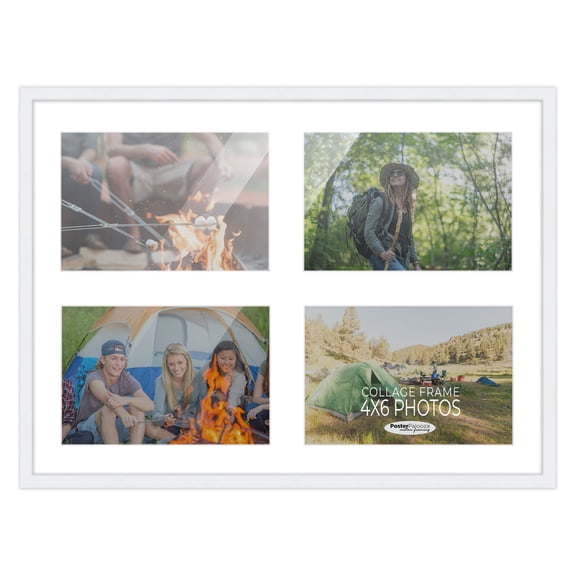 White Finish Collage Frame - White Mat, Holds Four 4x6 Photos , UV Acrylic, Wall Hanging Hardware,