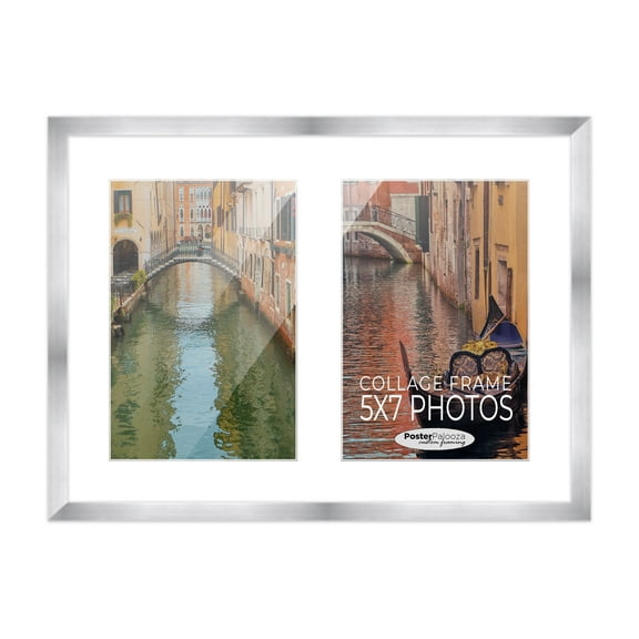 Stainless Steel Silver Wood Finish Collage Frame - White Mat, Holds Two 5x7 Photos , UV Resistant