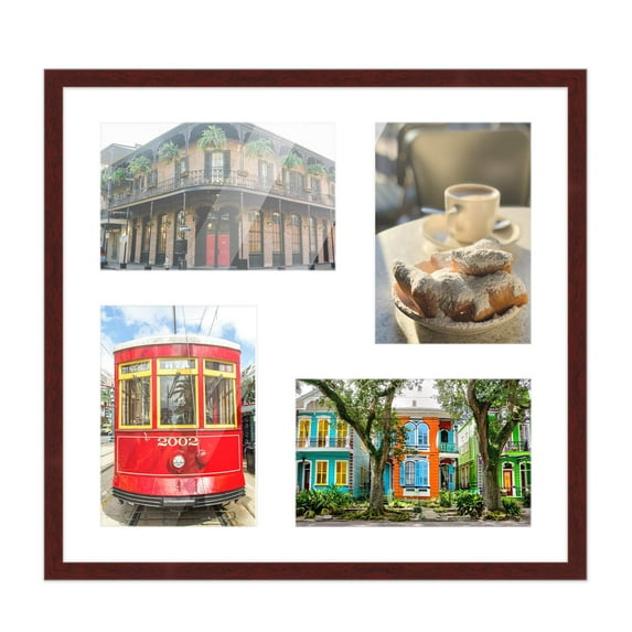 Brown Finish Collage Square Frame - White Mat, Holds Four 4x6 Photos , UV Resistant Acrylic, Wall