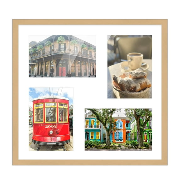 Natural Finish Collage Square Frame - White Mat, Holds Four 4x6 Photos , UV Acrylic, Wall Hanging