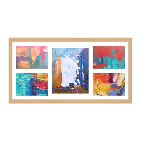 12x24.5 Natural Wood Collage Frame w/ White Mat for 5 Pictures - 8x10 & 5x7 Photos