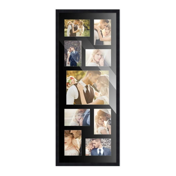 Black Finish Collage Frame - Black Mat, Holds Nine Photos - 8x10 & 4x6 , UV Acrylic, Wall Hanging
