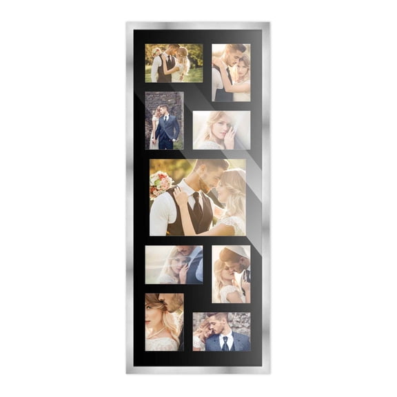 Stainless Steel Silver Wood Finish Collage Frame - Black Mat, Holds Nine Photos - 8x10 & 4x6 , UV