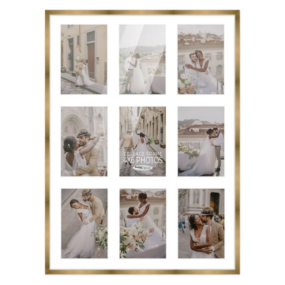 Metallic Gold Bronze Finish Collage Frame - White Mat, Holds Nine 4x6 Photos , UV Resistant