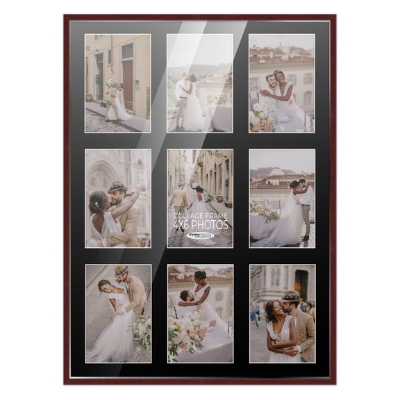 Brown Finish Collage Frame - Black Mat, Holds Nine 4x6 Photos , UV Resistant Acrylic, Wall Hanging