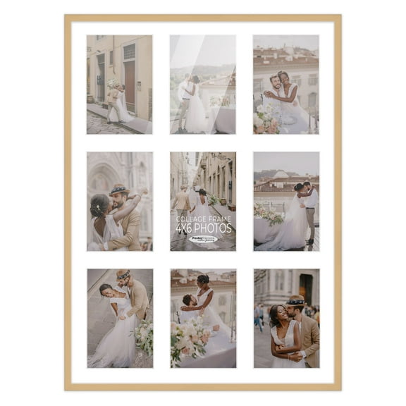 Natural Finish Collage Frame - White Mat, Holds Nine 4x6 Photos , UV Resistant Acrylic, Wall