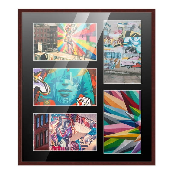 14x16 Dark Brown Wood Collage Frame w/ Black Mat for 5 Pictures - 5x7 Photos