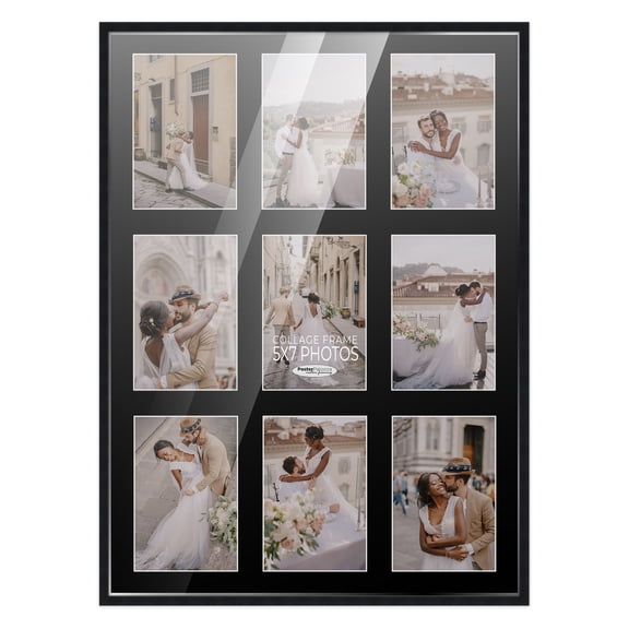 17.5x23.5 Black Wood Collage Frame with Black Mat to Display 9 5x7 Pictures
