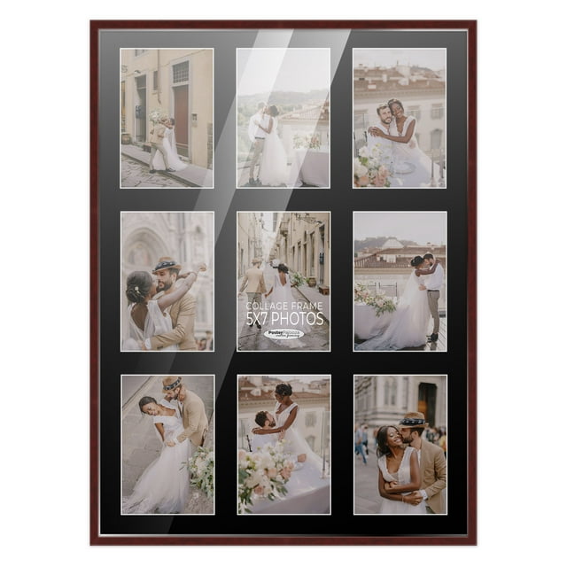 Modern Collage Picture Frames Wall Decor - 17.5x23.5 Brown Finish Photo Collage Frame with Black Mat For Nine 5x7 Photos , Includes UV Resistant Acrylic, Acid-Free Backing, Hanging Hardware