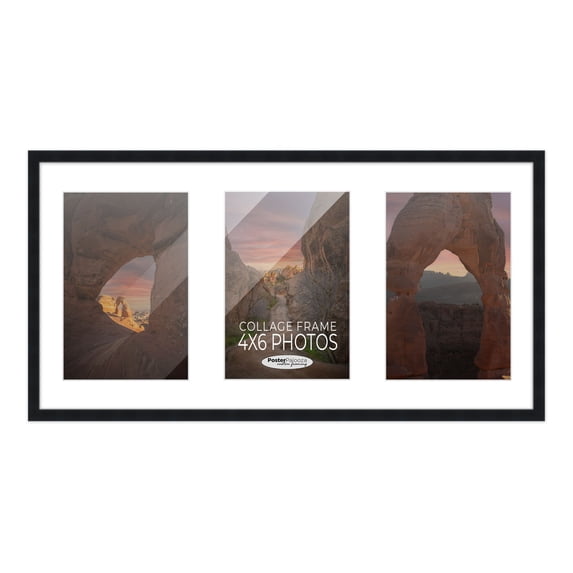 Black Finish Collage Frame - White Mat, Holds Three 4x6 Photos , UV Resistant Acrylic, Wall Hanging