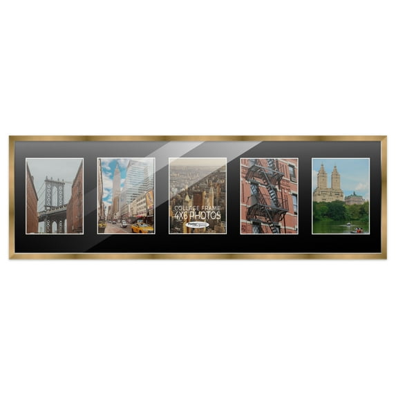 Metallic Gold Bronze Finish Collage Panoramic Frame - Black Mat, Holds Five 4x6 Photos , UV