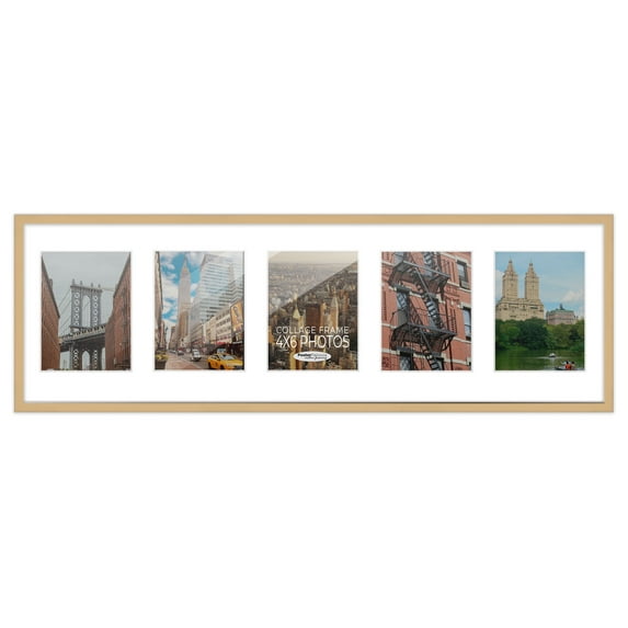 Natural Finish Collage Panoramic Frame - White Mat, Holds Five 4x6 Photos , UV Acrylic, Wall