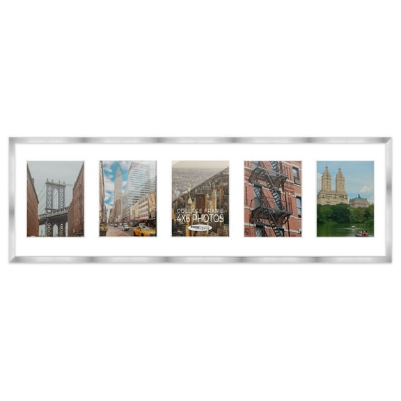 Stainless Steel Silver Wood Finish Collage Panoramic Frame - White Mat, Holds Five 4x6 Photos , UV