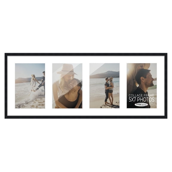 Black Finish Collage Panoramic Frame - White Mat, Holds Four 5x7 Photos , UV Acrylic, Wall Hanging