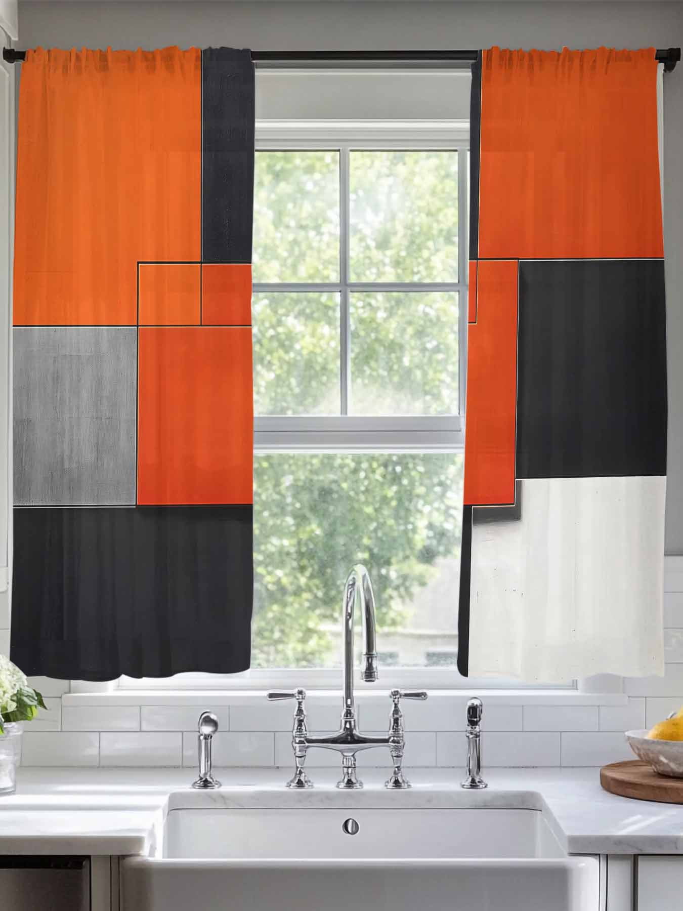 Modern Color Block Sheer Curtains 63 Inches Long 2 Panels Orange Black
