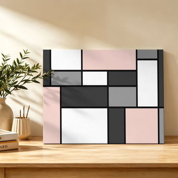 Modern Color Blocks Canvas Wall Art, Gray Pink White Rectangle Geometric Wall Art Prints Artwork Framed Canvas Ready to Hang Art Pictures for Bathroom Bedroom Entry Desk Corner 10" x 8"