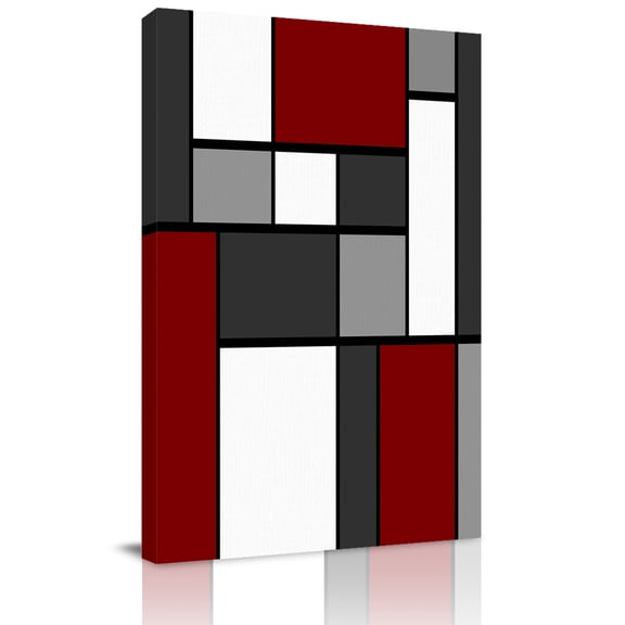 Modern Color Blocks Canvas Wall Art for Living Room, Gray Red White Rectangle Geometric Wall Decor Framed Artwork Pictures Ready to Hang for Bedroom Office Home Decor