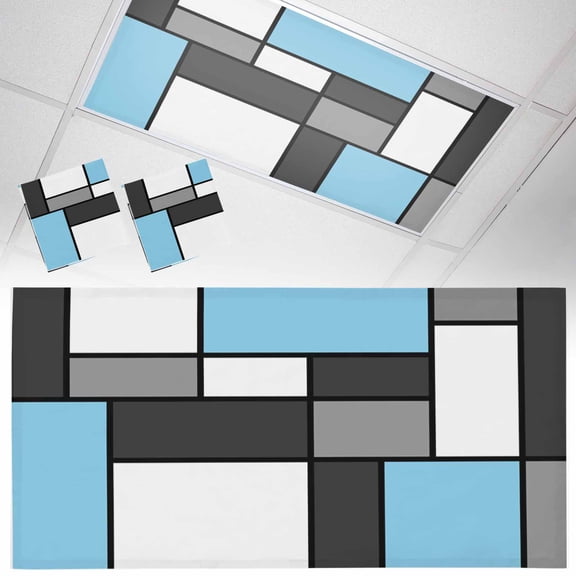 Modern Color Blocks Fluorescent Light Covers Gray Blue White Rectangle Geometric Magnetic Light Filters Ceiling Lighting Panel Shade for Classroom Office Home 2 x 4 ft, 2 Pack