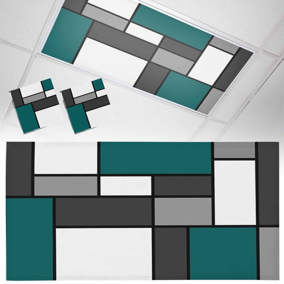Modern Color Blocks Fluorescent Light Covers Gray Green White Rectangle Geometric Magnetic Light Filters Ceiling Lighting Panel Shade for Classroom Office Home 2 x 4 ft, 2 Pack