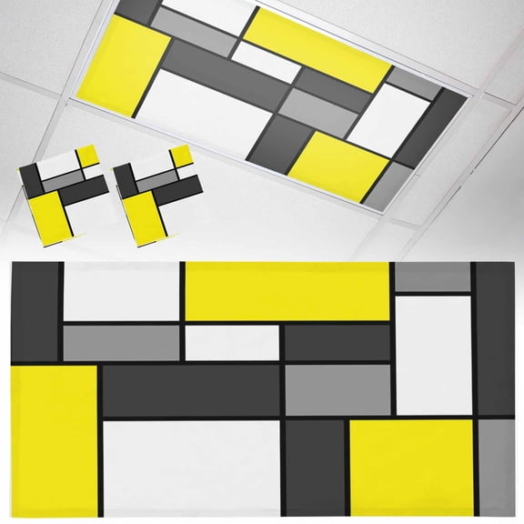 Modern Color Blocks Fluorescent Light Covers Gray Yellow White Rectangle Geometric Magnetic Light Filters Ceiling Lighting Panel Shade for Classroom Office Home 2 x 4 ft, 2 Pack
