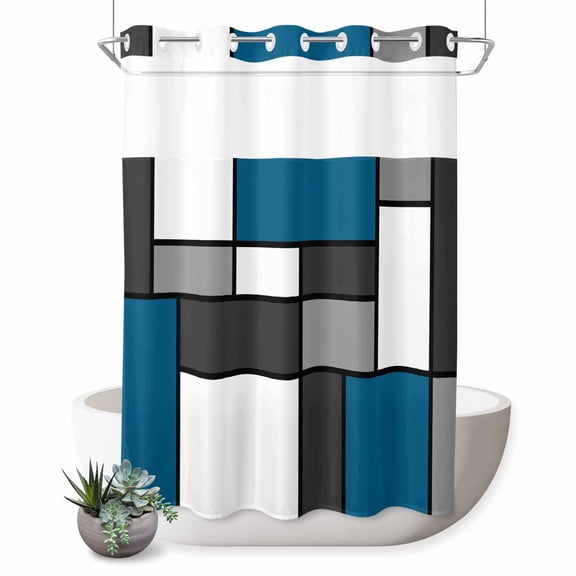 Modern Color Blocks No Hook Shower Curtain Blue Gray White Rectangle Geometric Shower Curtain with See Through Top Window, Waterproof Washable Fabric Curtain for Bathroom Hotel Decor, 72Wx96L