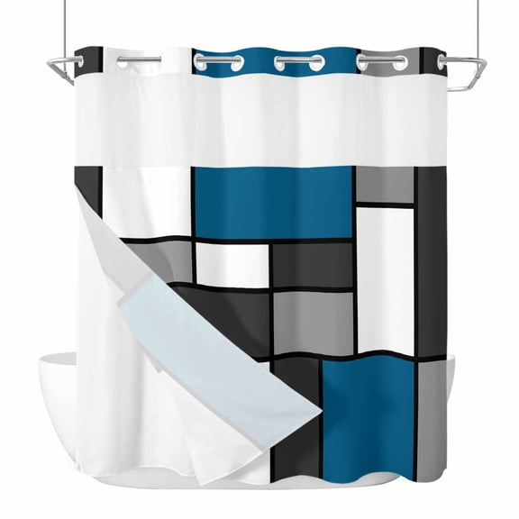 Modern Color Blocks No Hook Shower Curtain with Snap in Liner Blue Gray White Rectangle Geometric Waterproof Bathroom Shower Curtain with See Through Top Window for Bathtub 72" x 72"