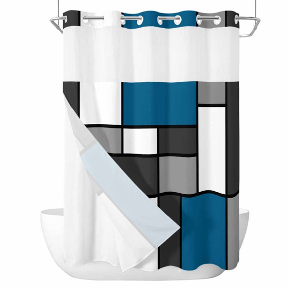 Modern Color Blocks No Hook Shower Curtain with Snap in Liner, Blue Gray White Rectangle Geometric Waterproof Shower Curtains with See Through Top Window Liner for Bathroom, 48x72 Inches