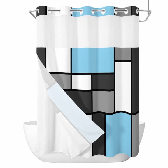 Modern Color Blocks No Hook Shower Curtain with Snap in Liner, Gray Blue White Rectangle Geometric Waterproof Shower Curtains with See Through Top Window Liner for Bathroom, 48x72 Inches