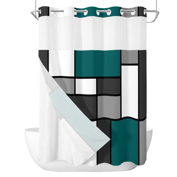 Modern Color Blocks No Hook Shower Curtain with Snap in Liner, Gray Green White Rectangle Geometric Waterproof Shower Curtains with See Through Top Window Liner for Bathroom, 48x72 Inches