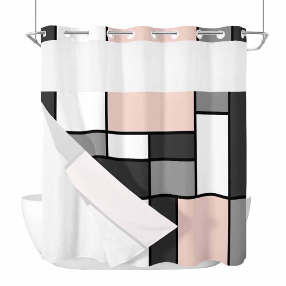 Modern Color Blocks No Hook Shower Curtain with Snap in Liner Gray Pink White Rectangle Geometric Waterproof Bathroom Shower Curtain with See Through Top Window for Bathtub 72" x 72"