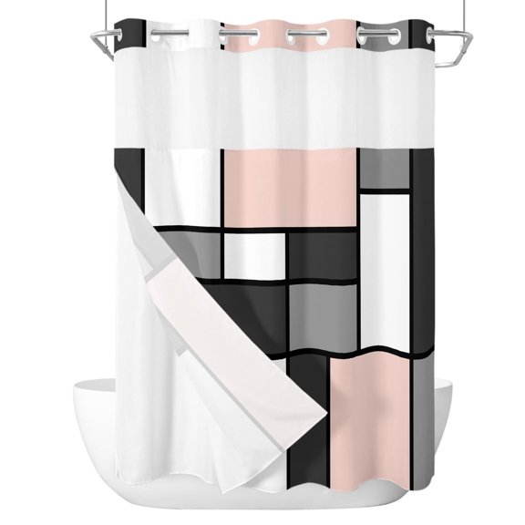 Modern Color Blocks No Hook Shower Curtain with Snap in Liner, Gray Pink White Rectangle Geometric Waterproof Shower Curtains with See Through Top Window Liner for Bathroom, 48x72 Inches