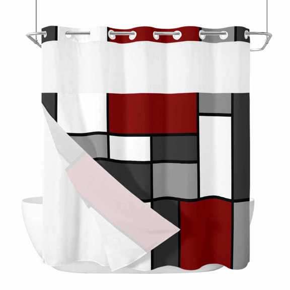 Modern Color Blocks No Hook Shower Curtain with Snap in Liner Gray Red White Rectangle Geometric Waterproof Bathroom Shower Curtain with See Through Top Window for Bathtub 72" x 72"