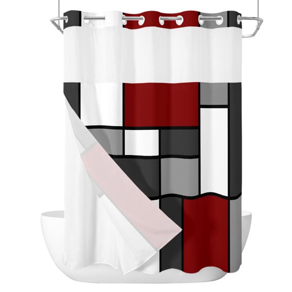 Modern Color Blocks No Hook Shower Curtain with Snap in Liner, Gray Red White Rectangle Geometric Waterproof Shower Curtains with See Through Top Window Liner for Bathroom, 48x72 Inches