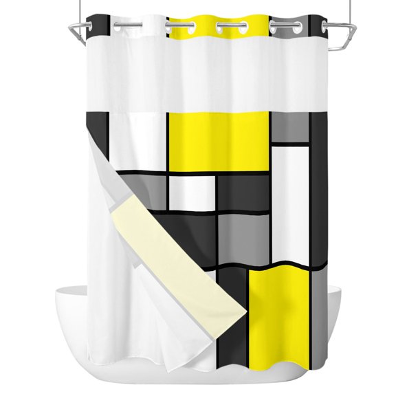 Modern Color Blocks No Hook Shower Curtain with Snap in Liner, Gray Yellow White Rectangle Geometric Waterproof Shower Curtains with See Through Top Window Liner for Bathroom, 48x72 Inches