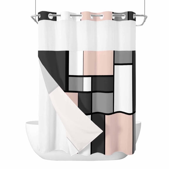 Modern Color Blocks No Hook Shower Curtain and Snap in Liner Set, Gray Pink White Rectangle Geometric Waterproof Shower Curtain Liner Set with Mesh Top Window for Bathroom 48x72in