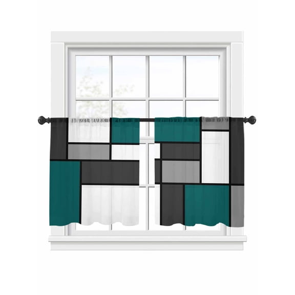 Modern Color Blocks Sheer Curtains 2 Panels Set Gray Green White Rectangle Geometric Sheer Window Curtains Light Filtering Rod Pocket Voile Drapes for Bedroom Living Room 52"x54"