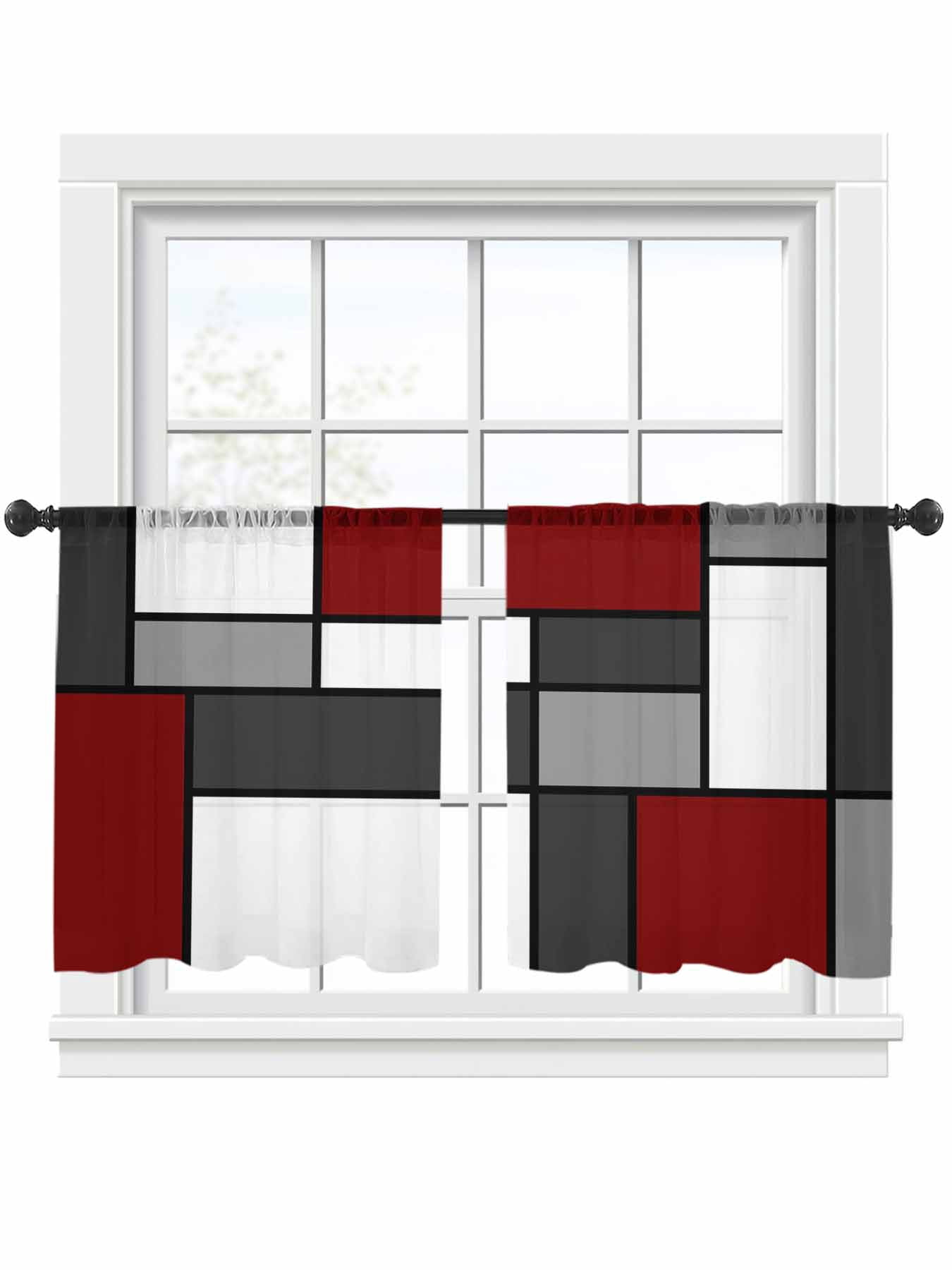 Rectangular Curtains Modern Color Blocks Sheer Curtains 2 Panels Set Gray Red White ...