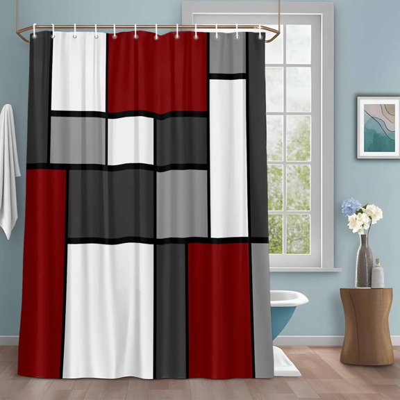 Modern Color Blocks Shower Curtain with Hooks, Gray Red White Rectangle Geometric Water Repellent Shower Curtains for Bathroom Decor Sturdy Shower Curtain, Machine Washable 36x72 Inch