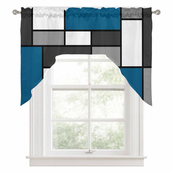 Modern Color Blocks Swag Valance for Windows, Blue Gray White Rectangle Geometric Swag Curtains Valances for Small Window Treatment Rod Pocket for Kitchen Bathroom 1 Panel 56x36in