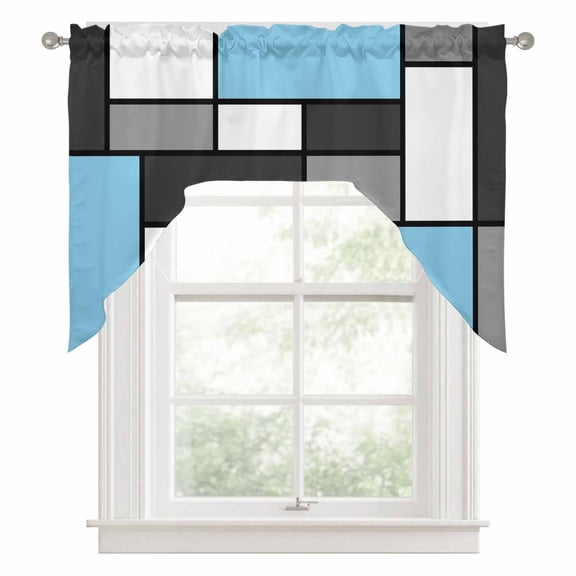 Modern Color Blocks Swag Valance for Windows, Gray Blue White Rectangle Geometric Swag Curtains Valances for Small Window Treatment Rod Pocket for Kitchen Bathroom 1 Panel 56x36in