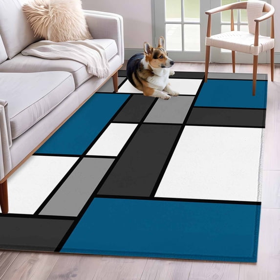 Modern Color Blocks Washable Area Rugs 4'x6', Blue Gray White Rectangle Geometric Low Pile Throw Living Room Rug Non-Slip Sturdy Edge Binding Carpet for Indoor Entryway Bedside Kitchen