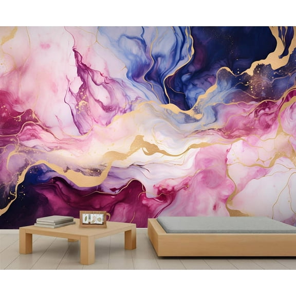 Modern Color Rendered Marble Texture Wall Mural, Abstract Golden Texture Photo Large Removable Wallpaper Mural Wall Decor For Bedroom Living Room Kids Room 55"W x 28"H (Not Peel and Stick)