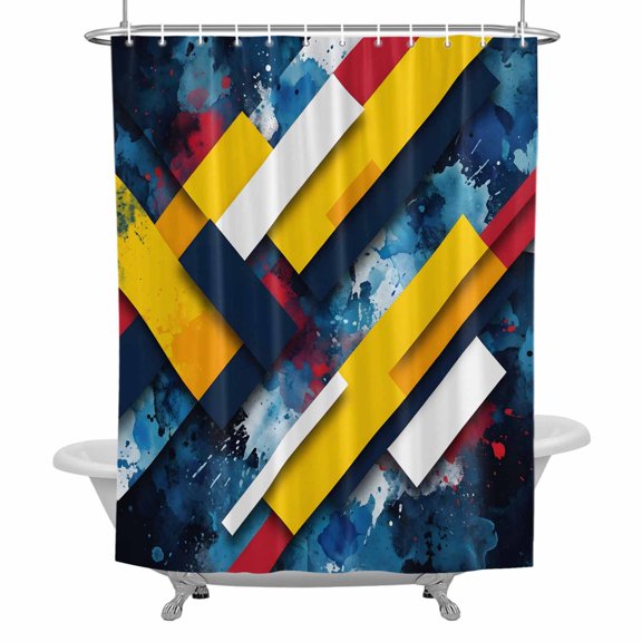 Modern Color Splash Shower Curtain, Abstract Diagonal Blocks Art Waterproof Fabric Bathroom Shower Curtains Set with Hooks, 72 X 72 Inch Long
