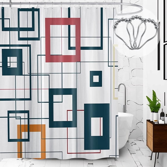 Modern Color White Shower Curtain, Color Geometric Fabric Shower Curtains Set, Waterproof Shower Curtains for Bathroom,72 x 72 inch