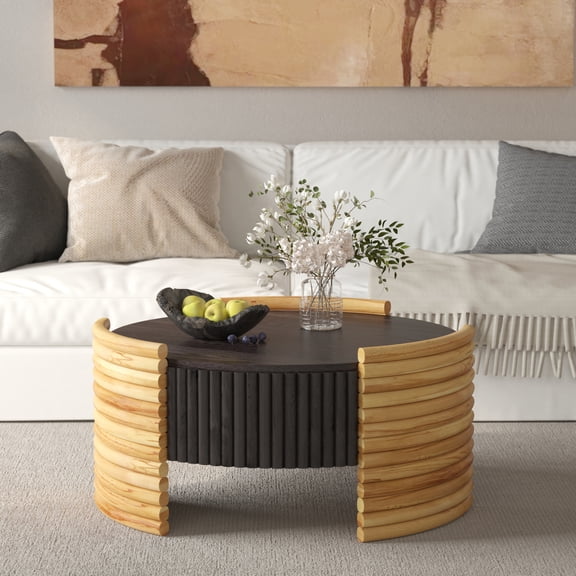 Modern Colorblocked Striped Coffee Table with Flip Top Storage in Dark