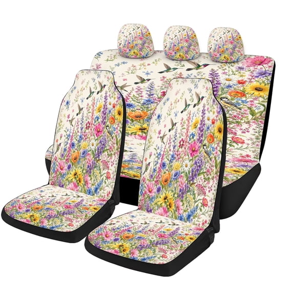Modern Colorful Field Flower Car Seat Covers Full Set, Universal Auto Seat Covers with Front Seat Covers, Rear Bench Cover and Headrest Covers for Cars SUVs Trucks Vans